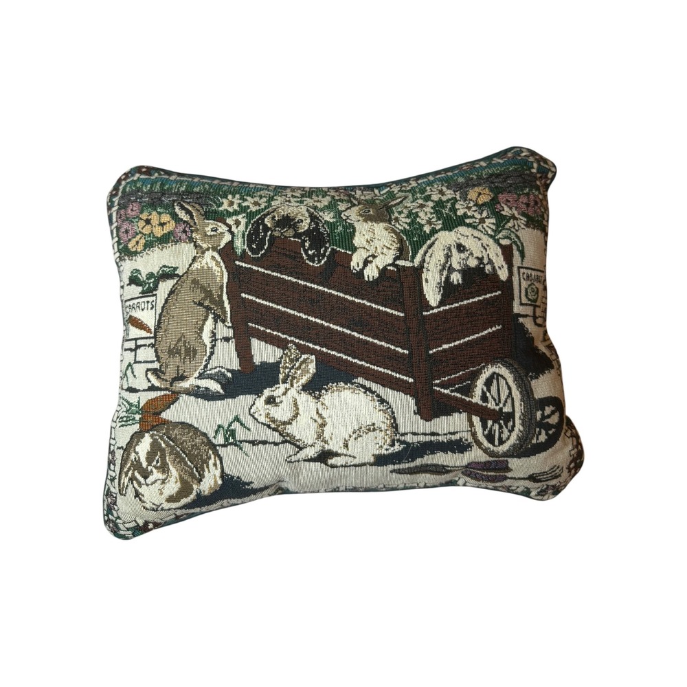 Vintage Bunny Rabbit Woven Tapestry Throw Pillow Cottagecore Farmhouse Decor‎